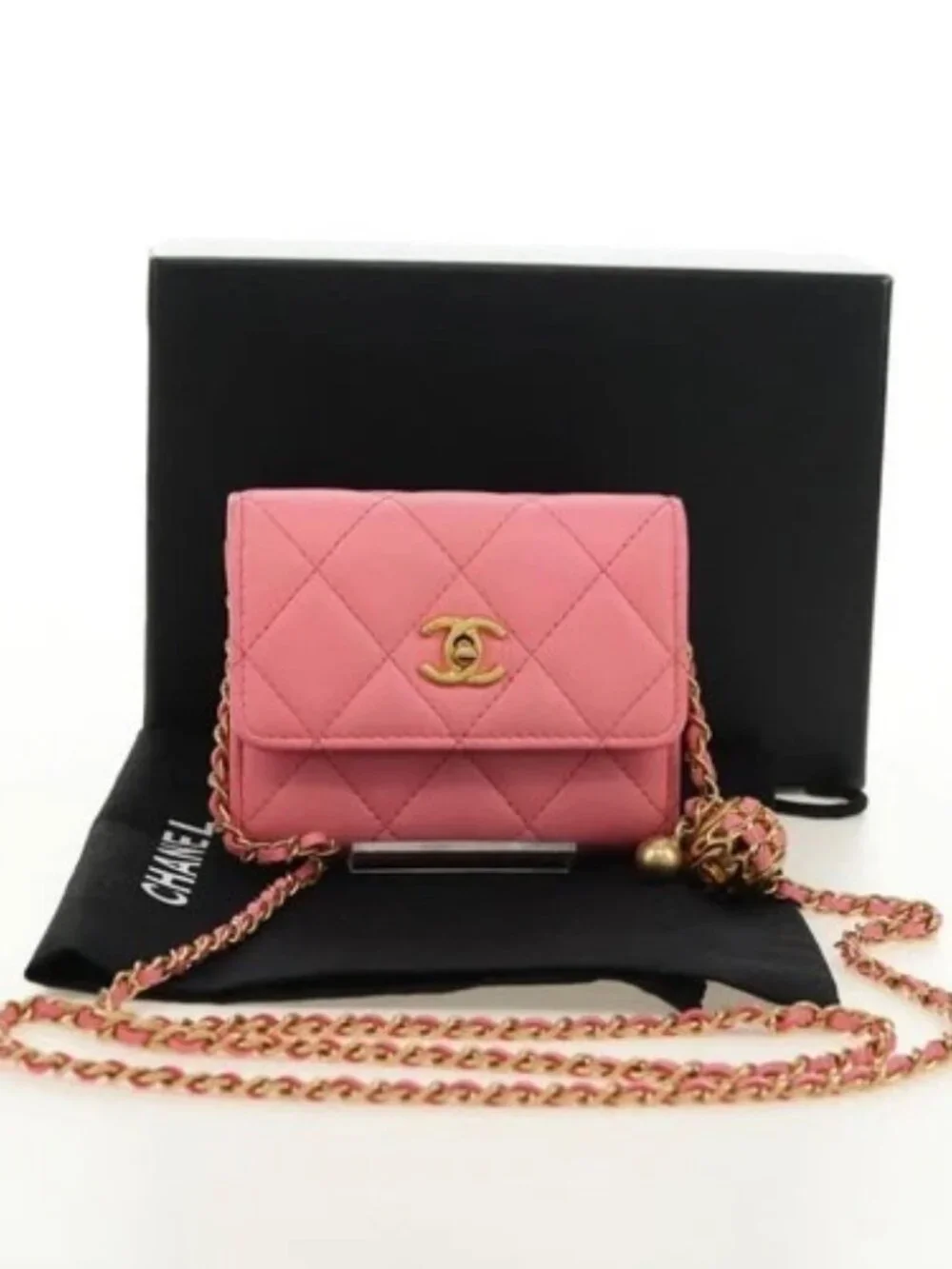 CHANEL Matelasse Chain Wallet Coco Ball Bag Lamb Skin Pink Gold CC Auth 181927M